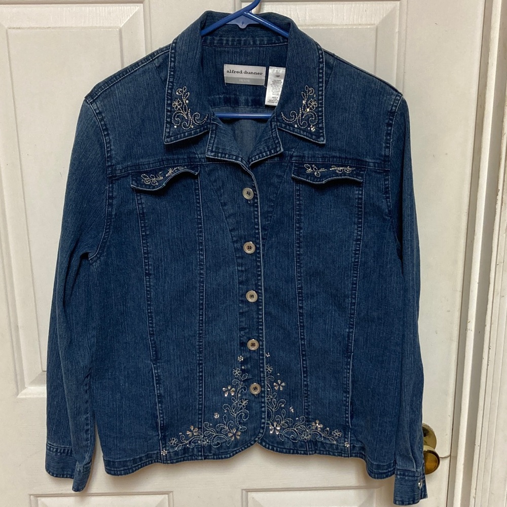 Alfred Dunner Navy Blue Embroidered Denim Jacket